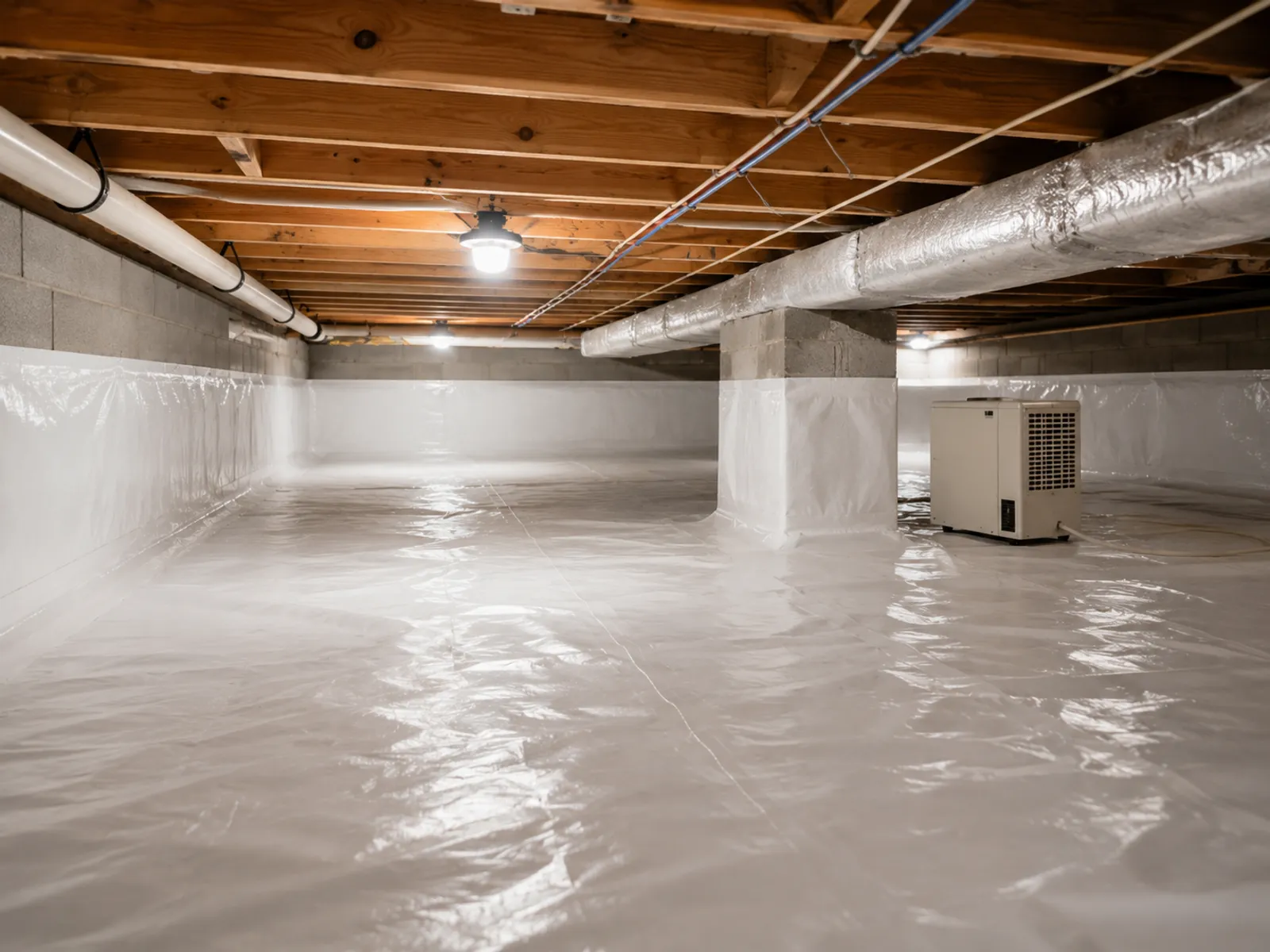 Encapsulated crawl space with sealed white vapor barrier in Washington, PA
