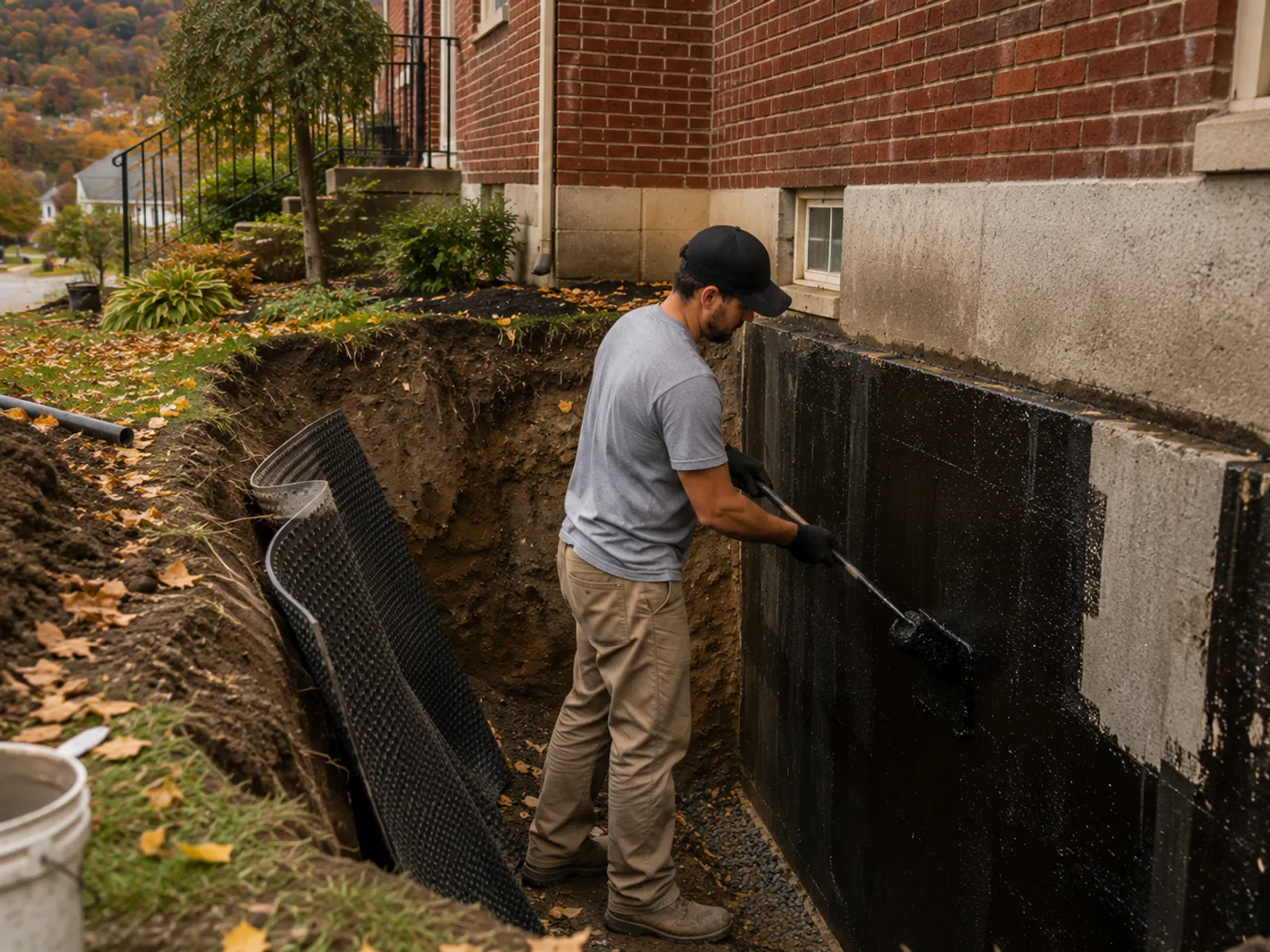 Excavated foundation wall with waterproof membrane in Washington, PA