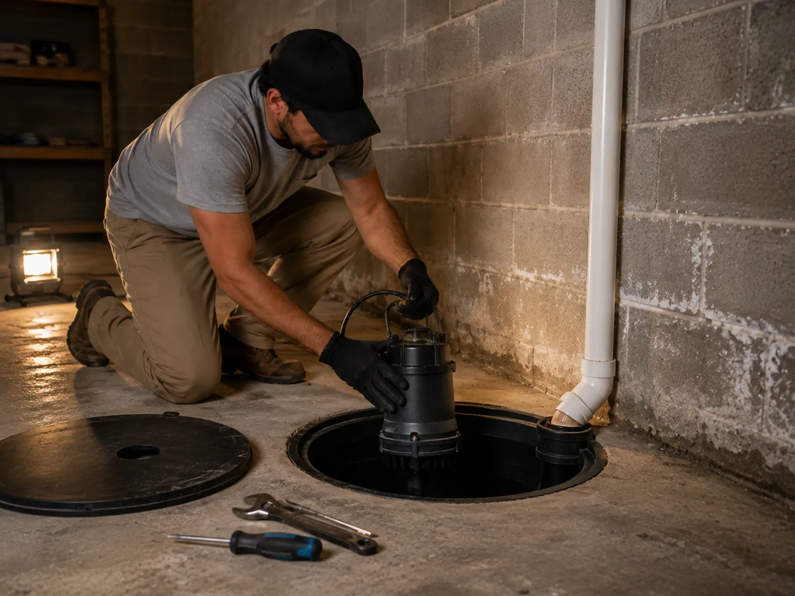 Sump pump installed in a basement pit in Washington, PA